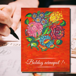 Hungarian floral in red - Name Day Postcard