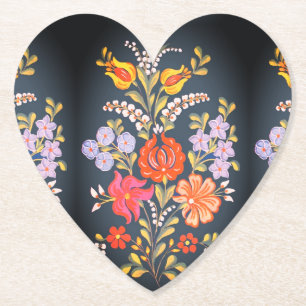 hungarian flowers -vibrant colors heart shape paper coaster