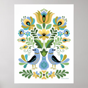 Hungarian Folk Art Birds in Blue and Gold Poster