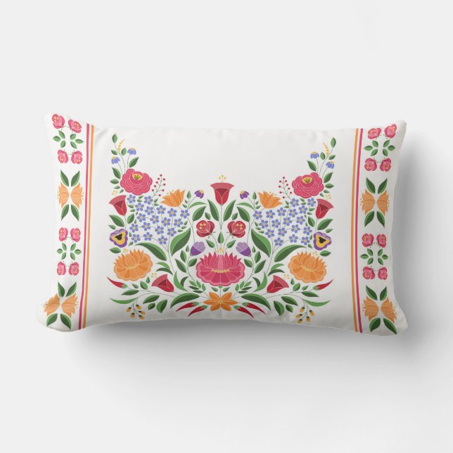 Hungarian folk pattern – Kalocsa embroidery flower Lumbar Cushion (Front)