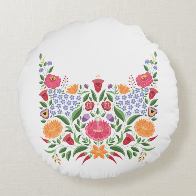 Hungarian folk pattern – Kalocsa embroidery flower Round Cushion (Back)