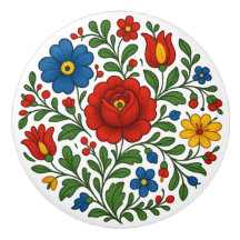 Hungarian Kalocsa Floral Folk Art Ceramic Knob