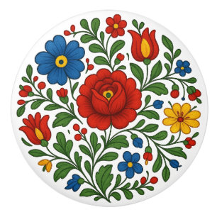 Hungarian Kalocsa Floral Folk Art Ceramic Knob