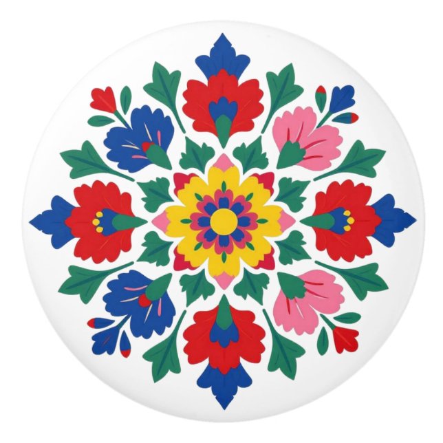 Hungarian Kalocsa Floral Folk Art Ceramic Knob (Front)
