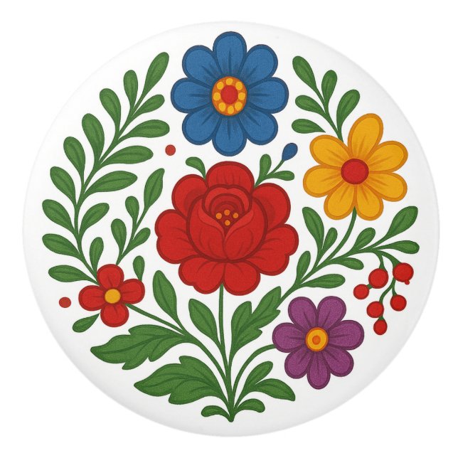 Hungarian Kalocsa Floral Folk Art Ceramic Knob (Front)