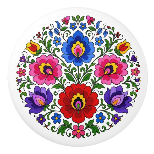 Hungarian Kalocsa Flowers Folk Art Ceramic Knob (Front)