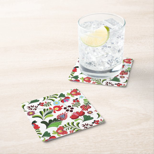 Hungarian Matyo Embroidery Pattern Square Paper Coaster (Insitu)