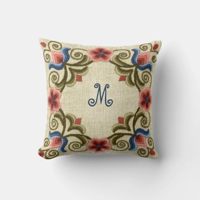 Hungarian Needlework and Monogram Cushion (Front)
