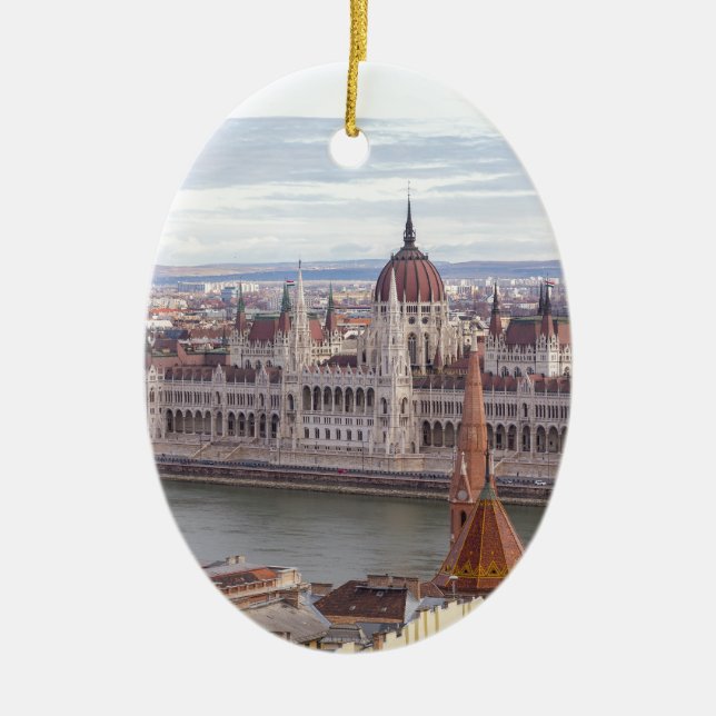 Hungarian Parliament Budapest by day Ceramic Tree Decoration (Front)