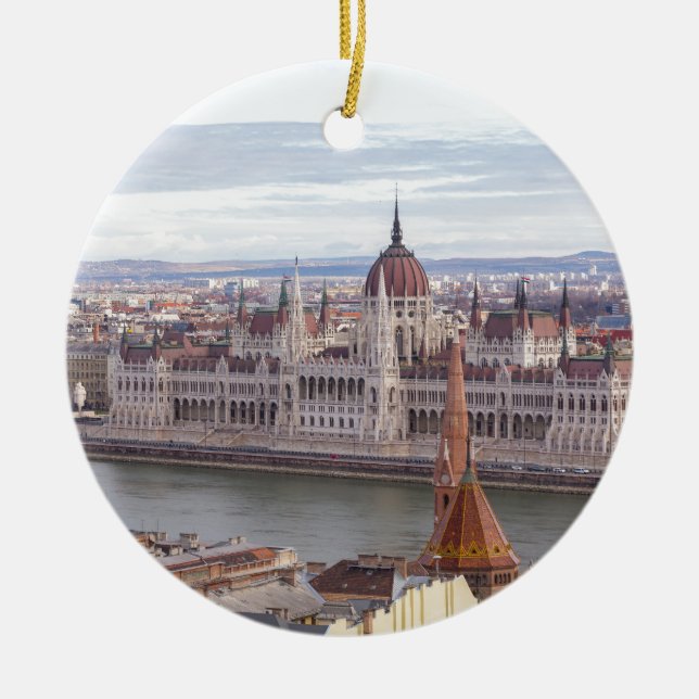 Hungarian Parliament Budapest by day Ceramic Tree Decoration (Front)