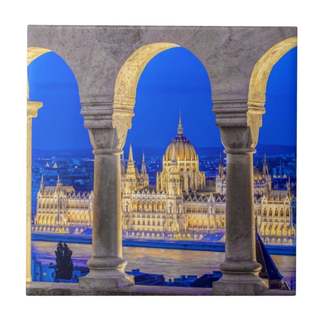 Hungarian Parliament Building at Dusk Ceramic Tile (Front)