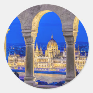 Hungarian Parliament Building at Dusk Classic Round Sticker