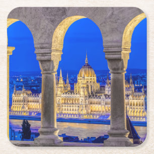 Hungarian Parliament Building at Dusk Square Paper Coaster