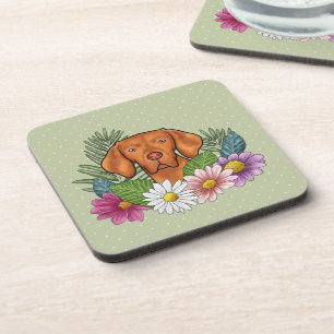 Hungarian Vizsla And Colourful Summer Flowers Gree Coaster