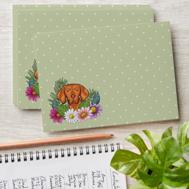 Hungarian Vizsla And Colourful Summer Flowers Gree Envelope (Stacked)