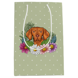 Hungarian Vizsla And Colourful Summer Flowers Gree Medium Gift Bag