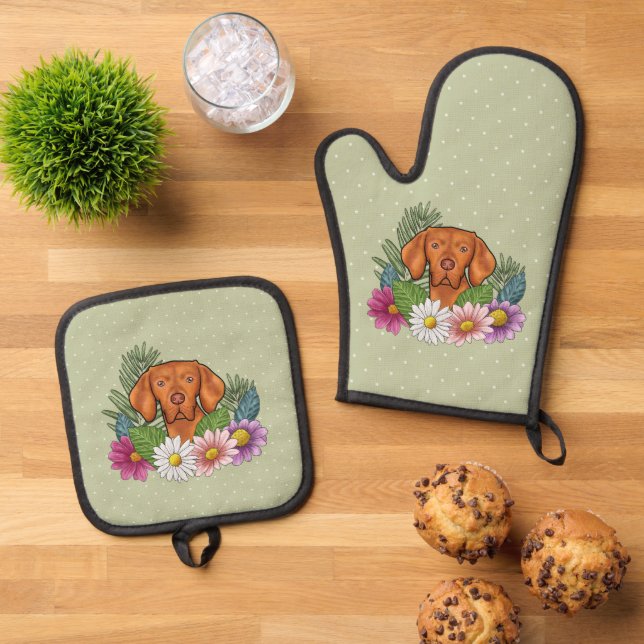 Hungarian Vizsla And Colourful Summer Flowers Gree Oven Mitt & Pot Holder Set (Top Down)