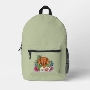 Hungarian Vizsla And Colourful Summer Flowers Gree Printed Backpack