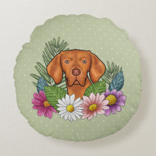 Hungarian Vizsla And Colourful Summer Flowers Gree Round Cushion