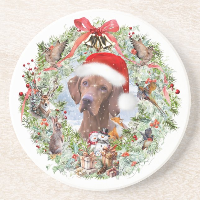 Hungarian Vizsla Christmas wreath Coaster (Front)