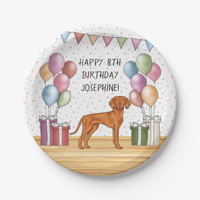 Hungarian Vizsla Colourful Pastel Happy Birthday Paper Plate (Front)