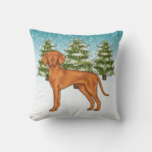 Hungarian Vizsla Dog In Snowy Winter Forest Cute Cushion