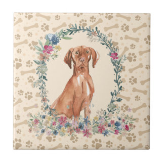 Hungarian Vizsla Dog Paw Print Floral Cute Beige Ceramic Tile