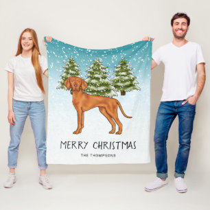 Hungarian Vizsla Dog Snowy Winter Forest And Text Fleece Blanket