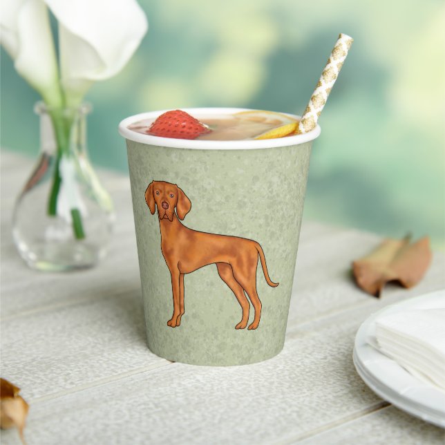 Hungarian Vizsla Pointer Cartoon Dog Drawing Green Paper Cups (Insitu)