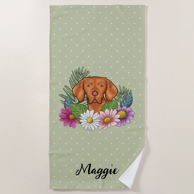 Hungarian Vizsla With Colourful Flowers And Name Beach Towel (Front)