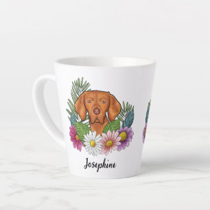 Hungarian Vizsla With Colourful Flowers And Name Latte Mug