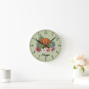 Hungarian Vizsla With Colourful Flowers And Name Round Clock