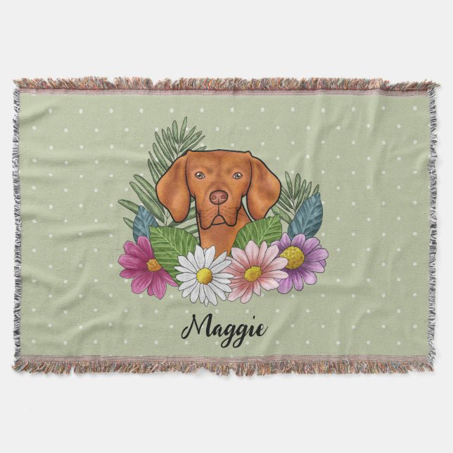 Hungarian Vizsla With Colourful Flowers And Name Throw Blanket (Front)