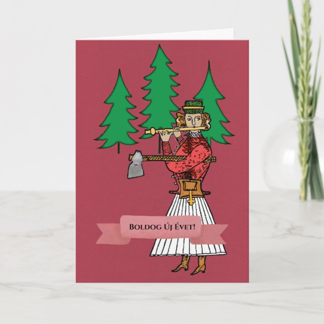 Hungarian Woodsman Folk Art with Pine Trees Card (Front)