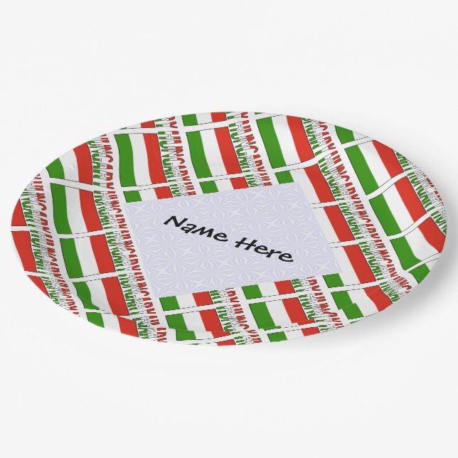 Hungary Hungarian Flag Tiled Personalised Name  Paper Plate (Angled)
