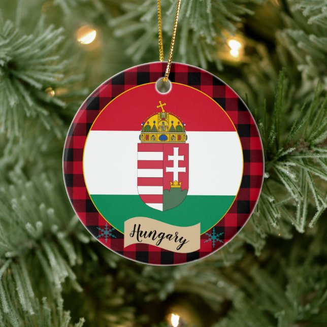 Hungary, Red buffalo plaid & Hungarian Flag Ceramic Ornament (Tree)