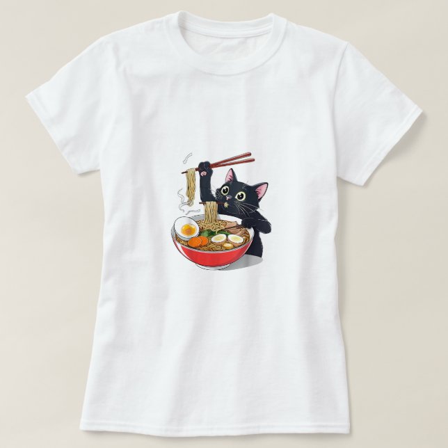 "Hungry Black Cat with Ramen" T-Shirt (Design Front)
