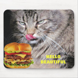 Hungry Cat Meets Beautiful Cheeseburger Mouse Pad