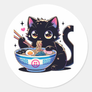 Hungry Cat Slurping Noodles Classic Round Sticker