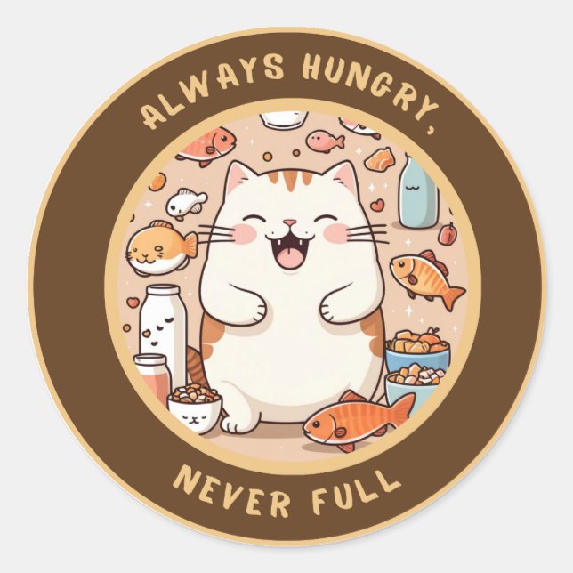 Hungry Cat Sticker - Kawaii Humour Design (Front)