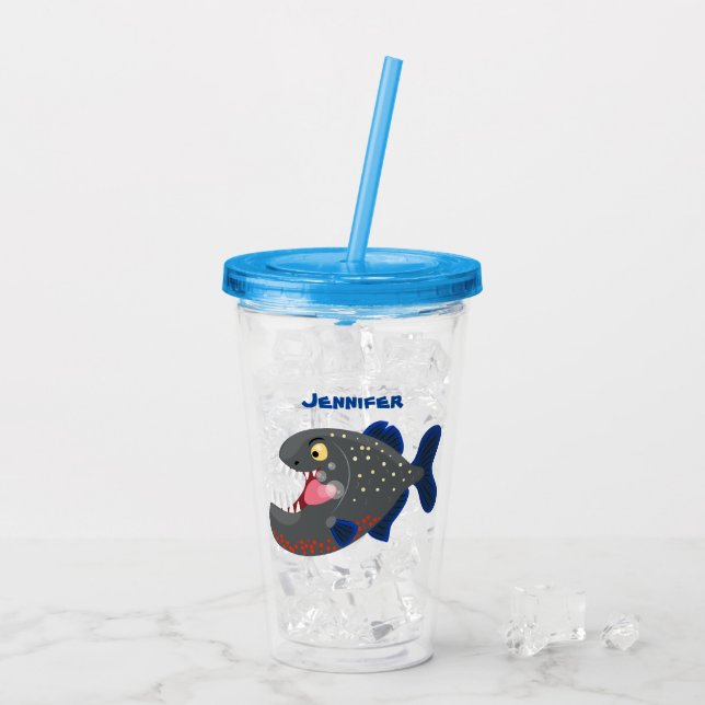 Hungry funny piranha cartoon illustration acrylic tumbler (Back Ice)
