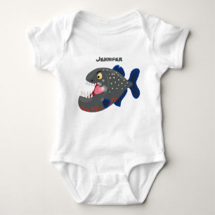 Hungry funny piranha cartoon illustration baby bodysuit