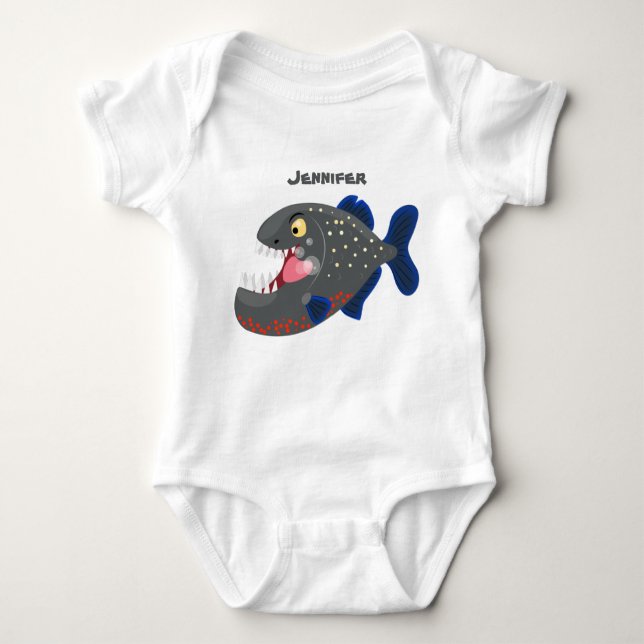 Hungry funny piranha cartoon illustration baby bodysuit (Front)