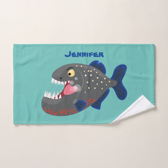 Hungry funny piranha cartoon illustration bath towel set (Hand Towel)