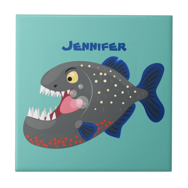Hungry funny piranha cartoon illustration ceramic tile (Front)