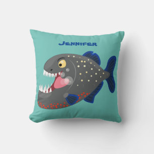Hungry funny piranha cartoon illustration cushion
