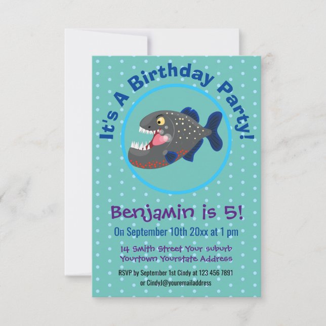 Hungry funny piranha cartoon illustration invitation (Front)