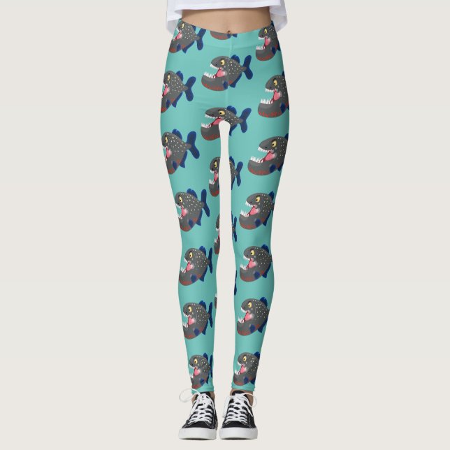 Hungry funny piranha cartoon illustration leggings (Front)