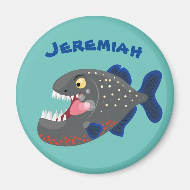 Hungry funny piranha cartoon illustration magnet (Front)