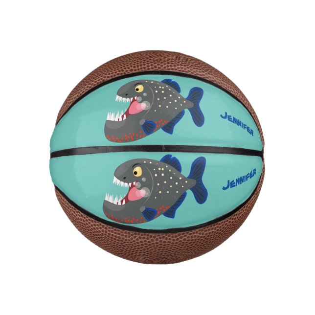 Hungry funny piranha cartoon illustration mini basketball (Front)